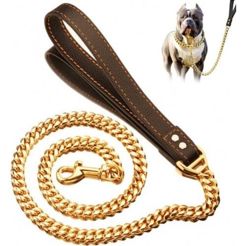 10/14MM Stainless Steel Pet Leashes Golden Dog Chain Collar Encryption Pet Leash For Small Medium Large Dogs Lead Pet Supplies
