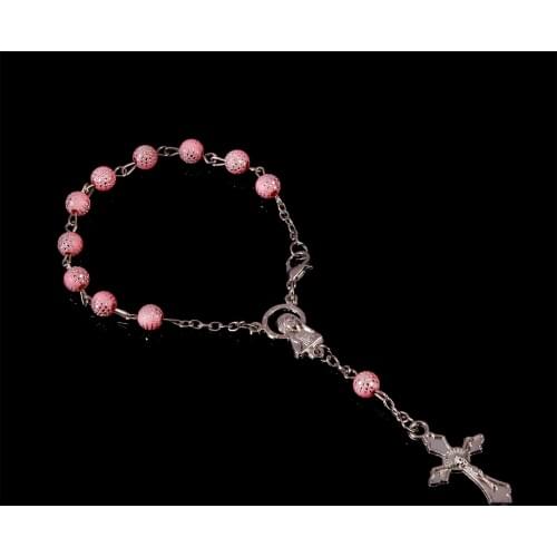 Religious Jewelry Crystal Pearl Pink Catholic Bracelet Mini Communion Rosary Blessing Benefits. Guadalupe Medal Bracelet