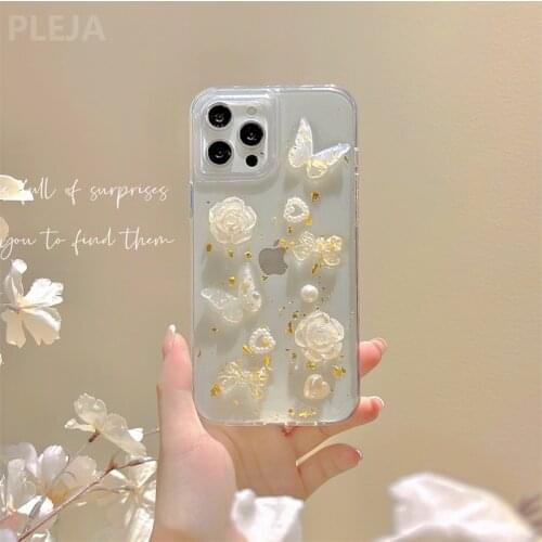 Luxury Epoxy Gold Foil Butterfly Flower Phone case For iPhone 12 11 Pro Max 7 8 plus X XR XS Max Cute Clear Hard Protector Cover