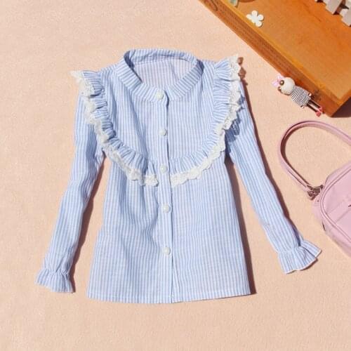 2019 Autumn Girls School Blouses Children Clothing Baby Girl Clothes Lace Cotton Child Shirt Striped Blusas Kids Clothes 2-16Y