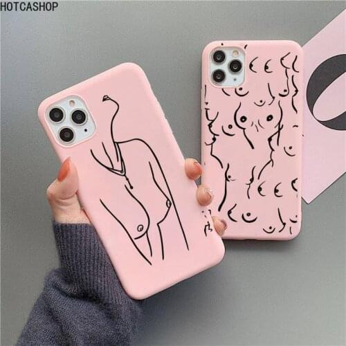 Boobs Art Print Harajuku Phone Case for iPhone 12 mini 11 Pro Max X XR XS 8 7 6s Plus Matte Candy Pink Silicone Cases