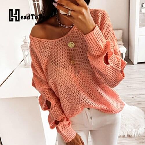 Loose Cold Shoulder Casual Hallow Out Solid Sweaters Women Full Sleeve Round Neck Tops