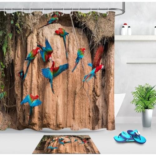 Tropical Parrot Clay Lick In The Peruvian Amazon Jungle Shower Curtain with Mat Bathroom Fabric for Nature Bathtub Dec