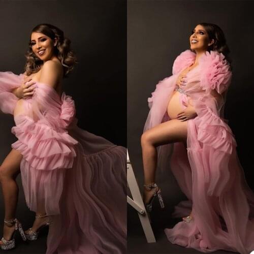 Pregnant Evening Dresses Photo Robes Pajam Robe Sexy V Neck Long Sleeve Gowns Custom Made Floor Length Bathrobe Mesh Dress