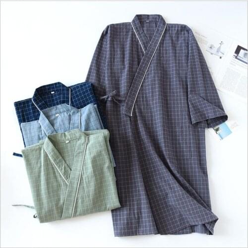 Japanese mens plaid kimono night gown bathrobe washed cotton gauze large size long home gown bathrobe sweat steamed suit