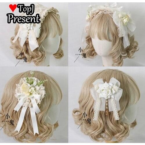 1 pcs Lovely Harajuku Hairpin Soft Siste Beige suit Lolita bow pearl with spun silk hairband KC Lolita cosplay accessory