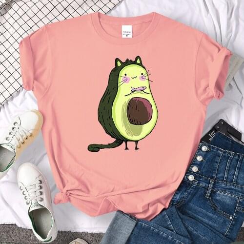 Harajuku Cat Avocado Kawaii Print Womens Clothes Creativity Crewneck Tshirt Summer Cotton T-Shirts Casual O-Neck Tshirts WomenS