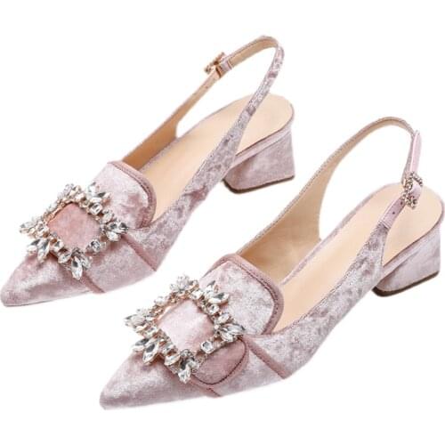 High Heels Satin Pointed Toe Women Celebrity Chunky Slingback Diamond Silk Pumps Rhinestone Low Crystal Bridal Shoes Blue Flower