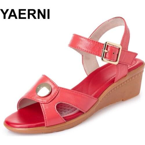 YAERNI2020 newest big size genuine leather sandals open shoes woman summer flat sandals wedge sandals women shoes casual sandals