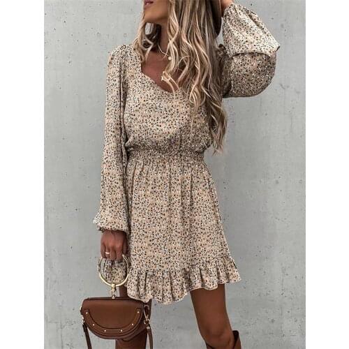 Women Dresses Autumn 2021 Sexy Floral Print Vacation With Falbala Dress Long Sleeve A Line Mini Dress Casual Oversized Sundress