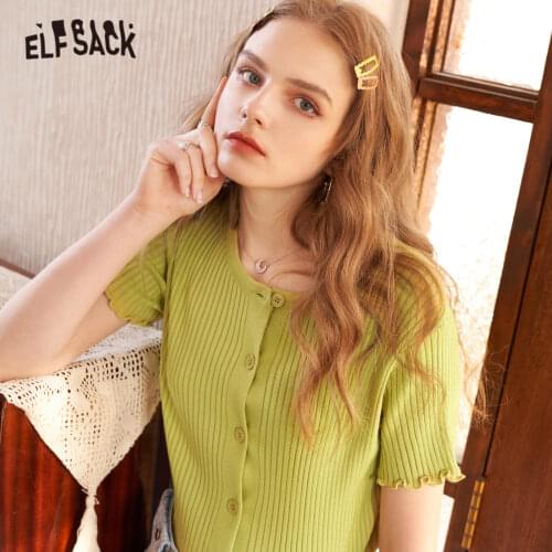 ELFSACK Solid Pure Chic Single Breasted Knit Casual Women Cardigan 2021 Summer ELF Vintage Minimalist Girly Daily Sweety Top