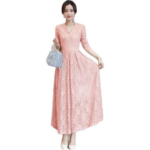 Lace dress women pink black plus size hollow out 2020 spring new temperament slim embroidery yellow party pleated dresses LD1305