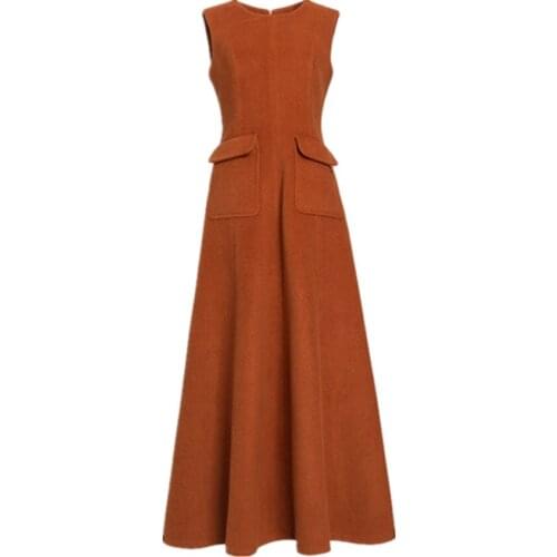 Autumn Winter ol woolen Dress Women Fashion high waist floor length sleeveless Women Office vest Dress