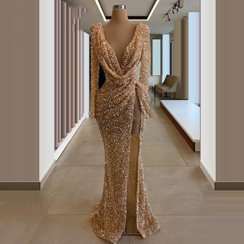 Gold Shiny Sequined Beaded Women Evening Dresses 2020 Middle East Chic Formal Prom Gown Deep V neck Party Dresses Custom Made