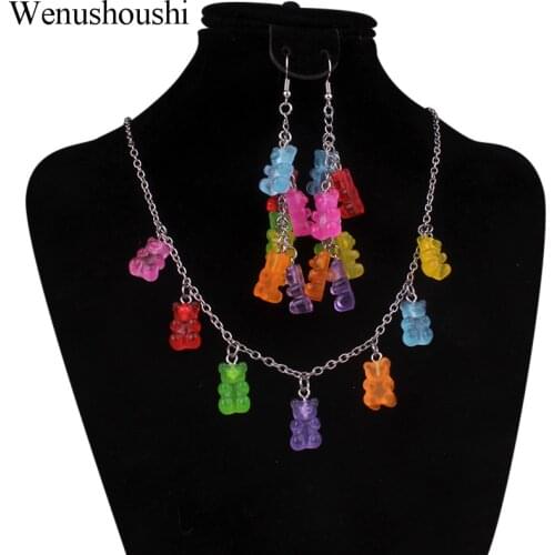 3mm width link stainless steel chain cute bear jewelry sets colorful bears necklace oso earrings for women resin bear di013