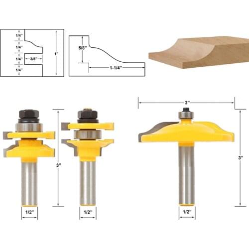 3pcs 1/2" Shank Raised Panel Router Bit Cabinet Door Woodworking Cutter Set For Power Tools