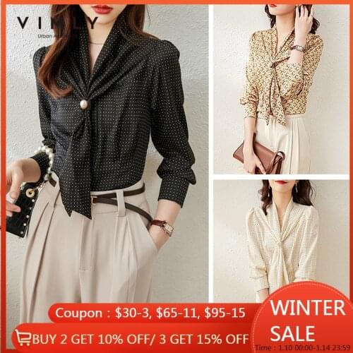 Vimly 2021 Spring Women Blouses Fashion New Ribbon Collar Dot Chiffon Shirts Elegant Office Lady Blusas Mujer Female Tops F6068