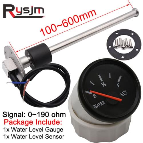 HD 52mm Water Level Gauge + Water Level Sensor 100mm 125mm 150mm 225mm 0-190 ohm Sensors Fuel Sender Unit For Car Boat 12V/24V