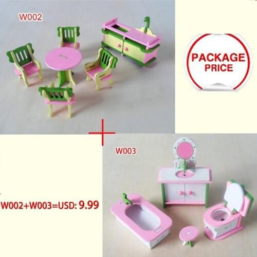 W002+W003 New children gift kids wooden toy Furniture doll house set DIY Educational Toys kitchen and bathroom 2set/lot