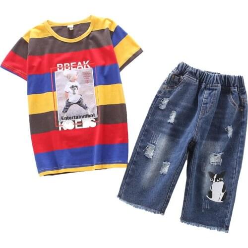 Kids Boys Summer T-Shirt Jeans Pants Clothing Sets Novel Street Child Tracksuit Boy Handsome 4-14 Years Two Piece Set