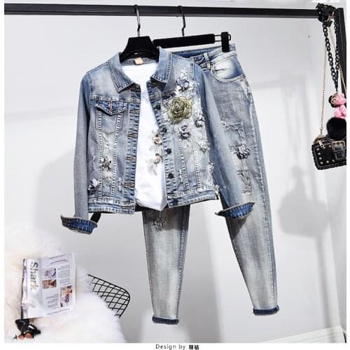 Denim Set Womens European Style 2020 Spring Autumn New Fashion Short Embroidered Flower Denim Jacket Stretch Jeans TwoPiece Set