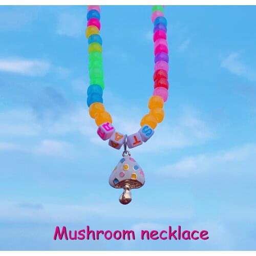 90s Aesthetic Rainbow Bead Letter Mushroom Necklace for Women Y2K Jewelry Vintage Cute Charms Necklace 00s Style Friends Gifts