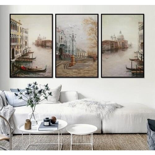 3 Pieces Water City Landscape Canvas Paintings Modular Pictures Wall Art Canvas for Living Room Decoration No Framed