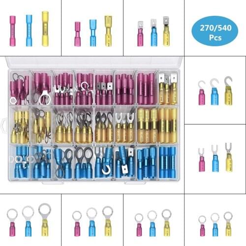 270 PCS Heat Shrink Wire Connector Kit Electrical Insulated Crimp Ring Butt Spade Waterproof Marine Automotive Terminals