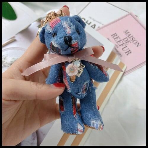Korean Version Of Cute Cartoon Bear Doll Doll Keychain Fabric Joint Bow Denim Bear Key Chain