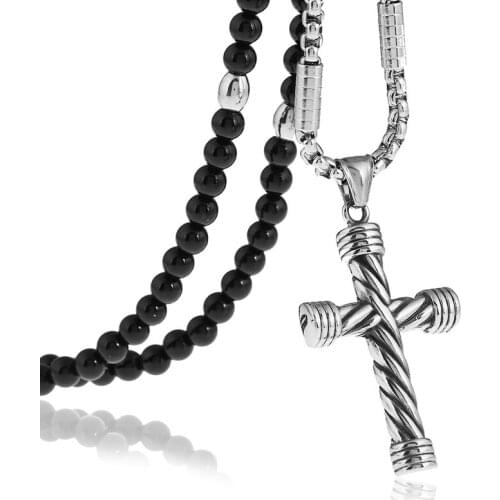 Mens Stainless Steel Religious Large Cross Pendant Necklace with Black Natural Stone Beaded Necklace 27inches