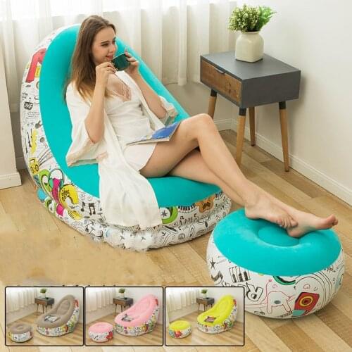 New creative study inflatable lazy sofa with footstool combination outdoor inflatable recliner graffiti inflatable sofa
