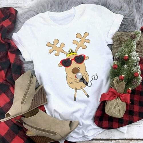 New Funny Reindeer Women T Shirt Fashion Christmas Day Tshirts Summer Short Sleeve T-shirt White Female Tshirt Tops