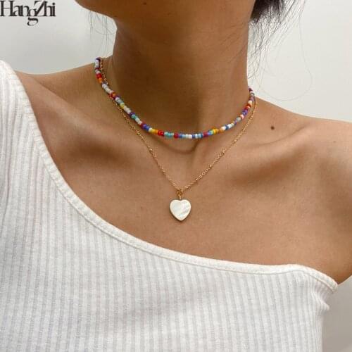 HangZhi 2020 New 2pcs/set Rainbow Colorful Beads Necklace Geometric Heart Pendant Clavicle Choker for Women Girls Jewelry