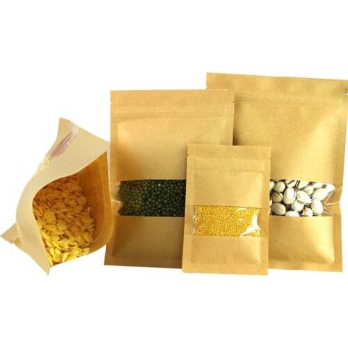 100 Pcs Kraft Paper Food Bag with Zip Lock, Reusable Sealing Bag Pouch with Clear Window for Storing Cookie Dried Food Snack