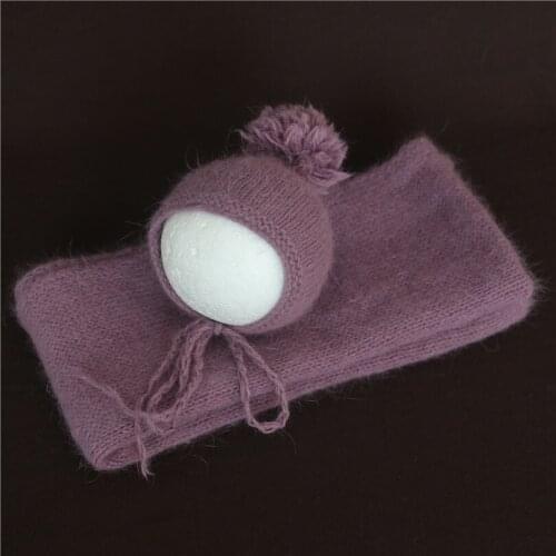 Purple Angora Wrap Hat Set Newborn Fluffy Stretch wrap Swaddle Sack Photography Props Baby Soft Hat Photo Props