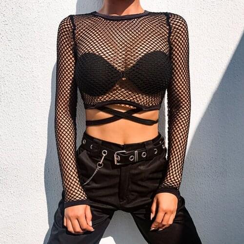 Sexy Women Fishnet Mesh Sheer Hollow Out Crop Top Long Sleeve Bandage Bodycon See-Through T-Shirt Tee Tops Clubwear
