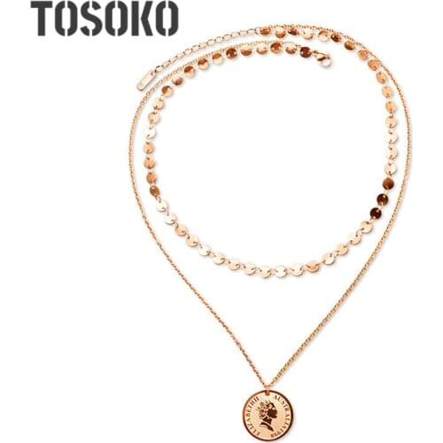 TOSOKO Elizabeth 2CM Big Brand Sweater Chain With Disc Necklace Double Titanium Steel Sweater Chain Stainless Steel Jewelry