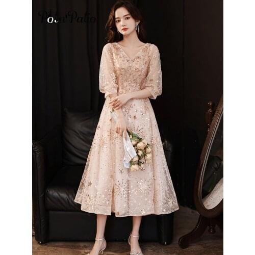 Shiny Sequin Tea-length Women Evening Dresses For Wedding Party 2021 Elegant V-Neck A-line Appliques Fancy Prom Gowns