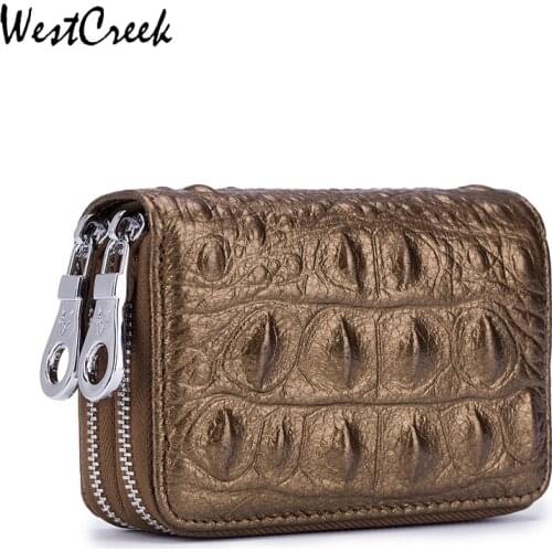 WESTCREEK Brand Genuine Leather Women RFID Alligator Double Zipper Organ Credit Card Holder Crocodile Men Business Card Bag
