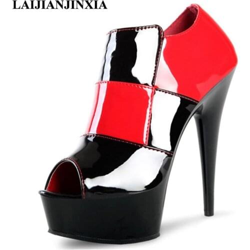 LAIJIANJINXIA Spring Splice Sexy 15cm Ultra High Heels Wedding Party Dress Women Pole Dance Ankle Sandals Dancing Shoes