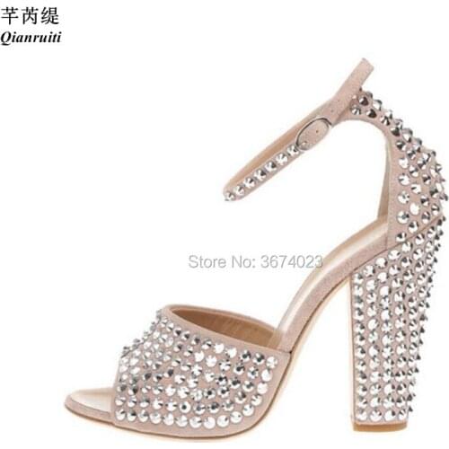 Qianruiti Round Rivets Studs Block High Heels Women Gladiator Spiked Sandals Buckle Strap Peep Toe Stiletto Heels Beige Shoes