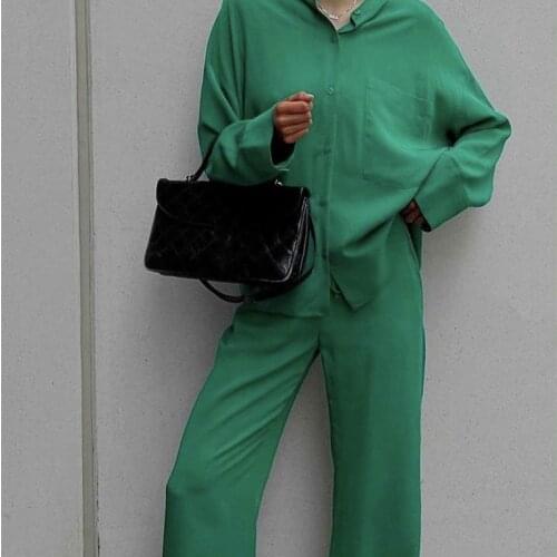 Za Green Loose Shirt Suit Causal Women 2021 Spring And Autumn Solid Long Sleeve Suits High Waist Vintage Style Women Suit