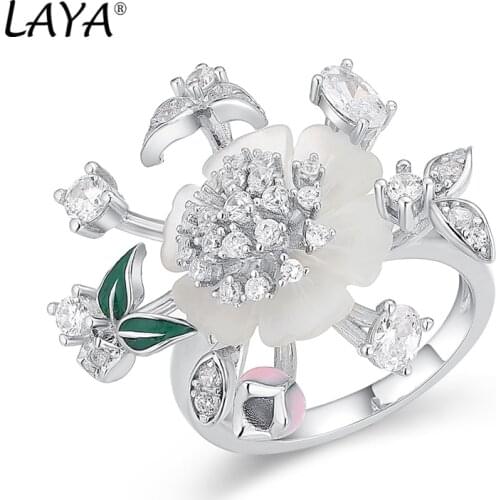 Laya 925 Sterling Silver Summer Hot Style Trendy Jewelry High Quality Zircon Natural Shell Flower Leaf Enamel Ring For Women