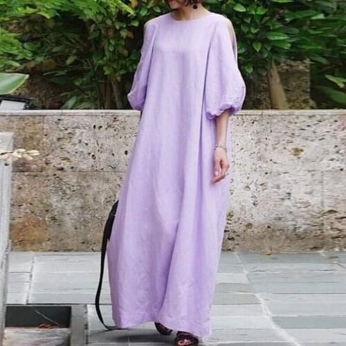 Summer Women Plus Size Dress Solid Sundress Elegant Loose Plain Cotton Linen Half Sleeve Maxi Dress Casual Robe Femme Vestidos