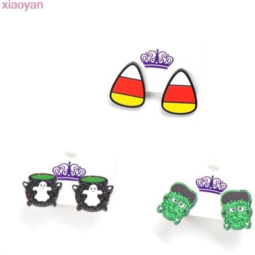 1pair)ER1103-18mm Halloween Stud Earrings Cute Glitter Candy Witches Brew Monster Acrylic Earrings