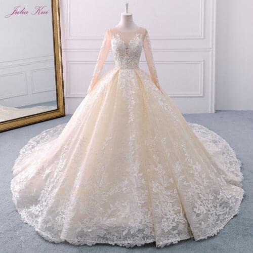 Julia Kui Real Photos Full Sleeves Ball Gown Wedding Dress Embroidery Scoop Beading Pearl Floral Print Chapel Train Bridal Gowns