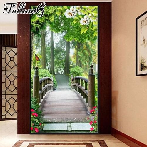 FULLCANG Spring woods arch bridge large 5d diamond painting diy full square round drill mosaic embroidery sale decor FC2447