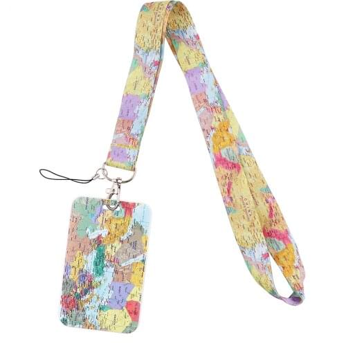 1pcs ZF2812 World Map Lanyard Card ID Holder Car KeyChain ID Card Pass Gym Phone Badge Key Ring Holder Jewelry For Traveler
