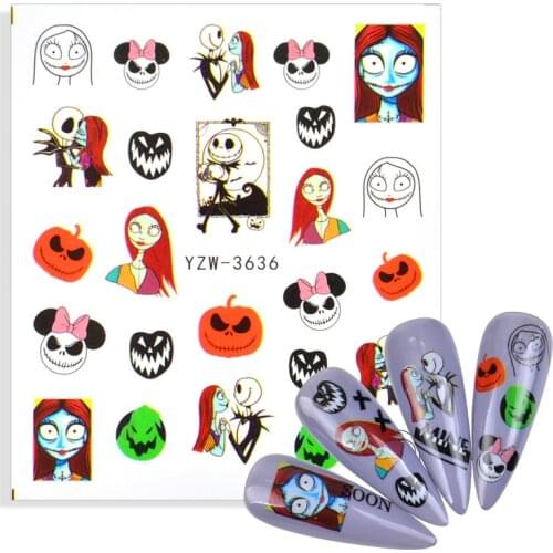 Halloween Nail Stickers Cute Cartoon Transfer Sliders For Nails Anime Skull Bone Pumpkin Bat Water Decals Tattoo For Manicure
