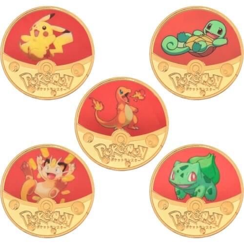 Anime Pocket Monsters Gold Plated Coins Collectibles with Coin Holder Japanese Pokemon Commemorative Coin Gift Dropshipping
